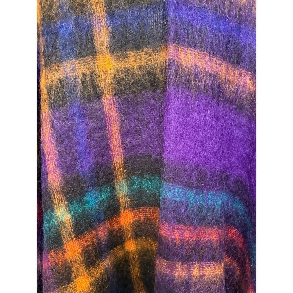 Womens Purple Orange Mohair Plaid Fringe Oversized Ruana Shawl Wrap One Size